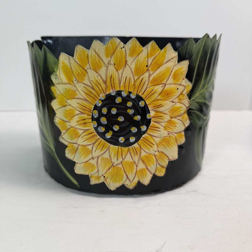 Hand Painted JJ Sunflower Wall Basket Planter Small Metal Yellow Toleware
